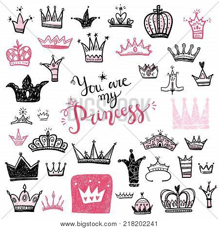 Hand drawn Various crowns set, vector illustration doodle cute style.