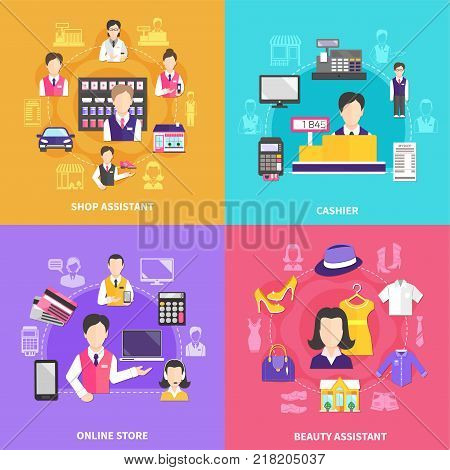 Salesman design concept with four round compositions of silhouette icons and flat images of shopworkers and items vector illustration