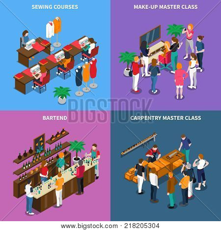 Isometric concept with master class for carpentry and makeup, sewing and bartenting courses isolated vector illustration