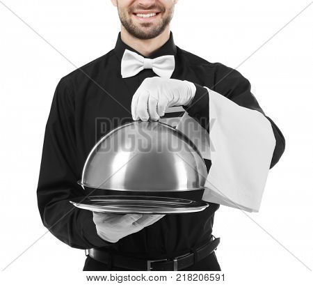 Waiter with metal tray and cloche on white background, closeup