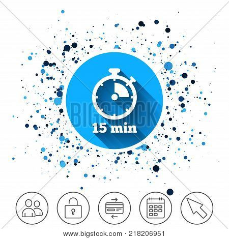 Button on circles background. Timer sign icon. 15 minutes stopwatch symbol. Calendar line icon. And more line signs. Random circles. Editable stroke. Vector