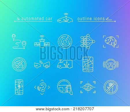 Driverless vehicle vector icon set in white outline style on gradient background.