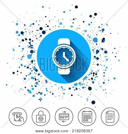 Button on circles background. Wrist Watch sign icon. Mechanical clock symbol. Men hand watch. Calendar line icon. And more line signs. Random circles. Editable stroke. Vector