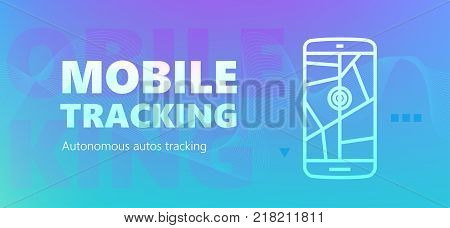 Blue colored autonomous autos tracking vector banner with smart phone icon in outline style.