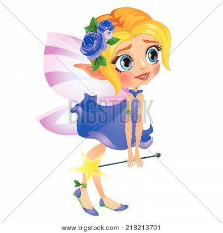 Little fairy elven princess in blue dress with magic wand stick isolated on white background. Vector cartoon close-up illustration.