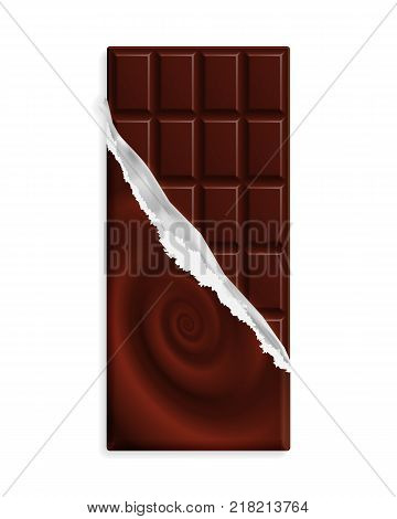 Dark bitter chocolate bar, wrapper with chocolate swirl, can be replaced with your design. Sweet dessert package. Graphic element for packaging, poster, flyer, advertisement. Vector illustration