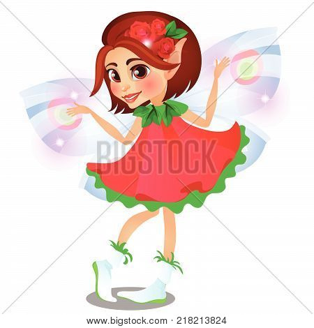 Little fairy elven princess with translucent wings flirty dancing in a red and green dress and smiling. The young magical girl isolated on white background. Vector cartoon close-up illustration.