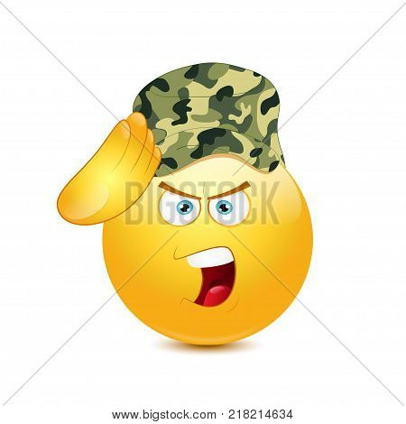 Smiley saluting  in army on a white background