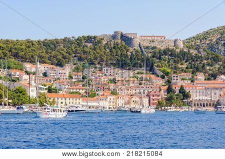 Medieval Spanish fortress Fortica photographed from the port - Hvar, Croatia