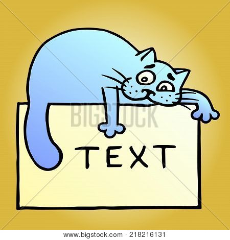 Cartoon blue cat and text on yellow sheet. Vector Illustration. Cute emoticon character. Cheerful pet. Orange color background.