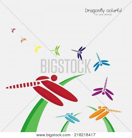 Vector of colorful dragonflie on green grass and dragonflie flying on a white background. Insect. Animal Design.