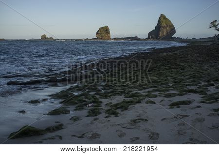 INDONESIA: Scenery of Tanjung Papuma Beach with rock and mossy foreground. Papuma beach is located at Jember,Surabaya, East Java.
