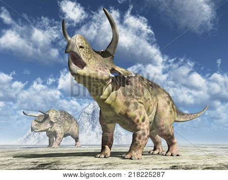 Computer generated 3D illustration with the dinosaur Nasutoceratops in a landscape