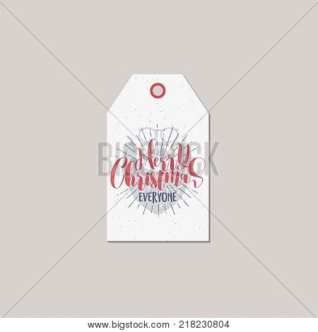 Merry Christmas and New Year gift tag. Holiday card concept with xmas symbols - santa face and typography quote - merry christmas everyone. Stock Vector illustration isolated on white background.