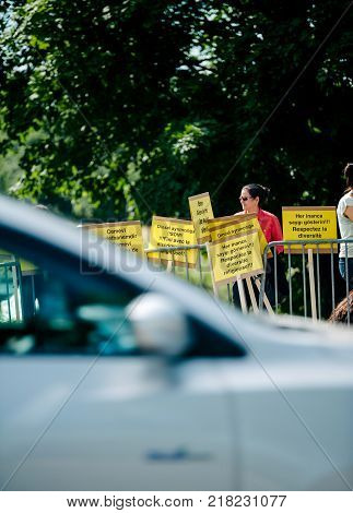 STRASBOURG FRANCE - JUN 3 2015: People protesting at European Court of Human Rights ECHR during grand chamber hearing conc rejection made by Turkish Alevis that state cover the expenses of cemevis