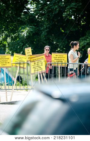 STRASBOURG FRANCE - JUN 3 2015: People protesting at European Court of Human Rights ECHR during grand chamber hearing conc rejection made by Turkish Alevis that state cover the expenses of cemevis