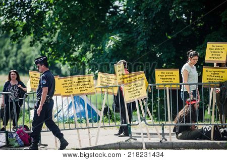 STRASBOURG FRANCE - JUN 3 2015: People protesting at European Court of Human Rights ECHR during grand chamber hearing conc rejection made by Turkish Alevis that state cover the expenses of cemevis