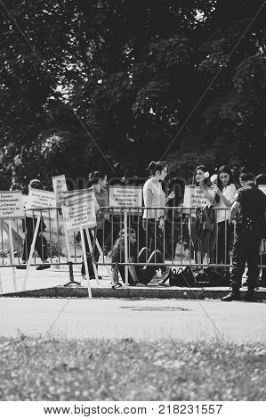 STRASBOURG FRANCE - JUN 3 2015: People protesting at European Court of Human Rights ECHR during grand chamber hearing conc rejection made by Turkish Alevis that state cover the expenses of cemevis