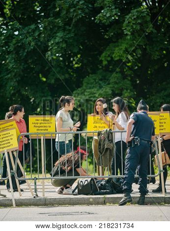 STRASBOURG FRANCE - JUN 3 2015: People protesting at European Court of Human Rights ECHR during grand chamber hearing conc rejection made by Turkish Alevis that state cover the expenses of cemevis