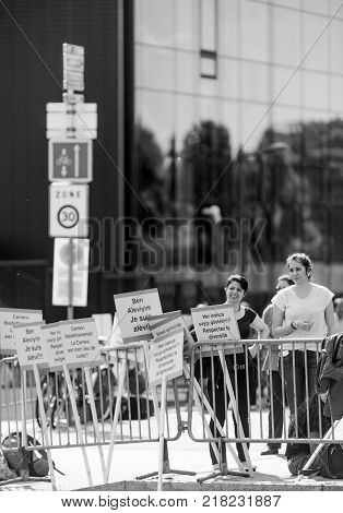 STRASBOURG FRANCE - JUN 3 2015: People protesting at European Court of Human Rights ECHR during grand chamber hearing conc rejection made by Turkish Alevis that state cover the expenses of cemevis