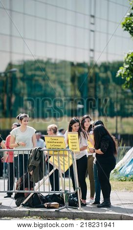 STRASBOURG FRANCE - JUN 3 2015: People protesting at European Court of Human Rights ECHR during grand chamber hearing conc rejection made by Turkish Alevis that state cover the expenses of cemevis