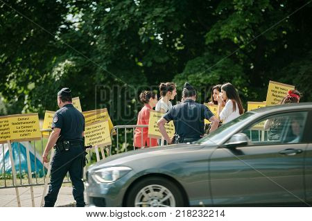STRASBOURG FRANCE - JUN 3 2015: People protesting at European Court of Human Rights ECHR during grand chamber hearing conc rejection made by Turkish Alevis that state cover the expenses of cemevis