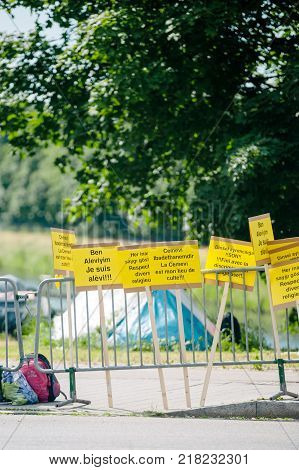 STRASBOURG FRANCE - JUN 3 2015: People protesting at European Court of Human Rights ECHR during grand chamber hearing conc rejection made by Turkish Alevis that state cover the expenses of cemevis