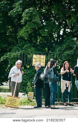 STRASBOURG FRANCE - JUN 3 2015: People protesting at European Court of Human Rights ECHR during grand chamber hearing conc rejection made by Turkish Alevis that state cover the expenses of cemevis