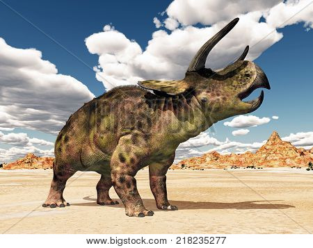 Computer generated 3D illustration with the dinosaur Nasutoceratops in the desert