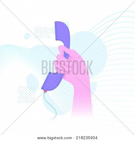Vector illustration of hand holding old fashioned handset in bright flat style. Material design color.