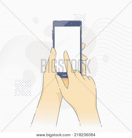 Vector illustration of hands holding hi-tech modern smartphone with blank screen in flat line style.