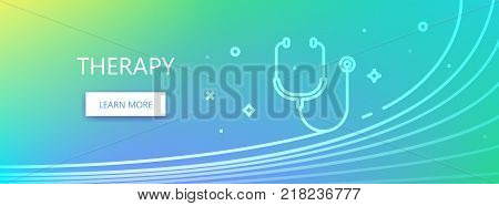 Blue colored medical related vector banner with Therapy word and stethoscope icon in outline style.