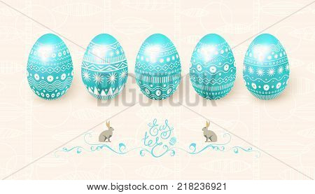 Happy Easter. A set of 3D blue eggs with an ornament on the background of stems and leaves. Lettering Easter rabbit. Vector illustration