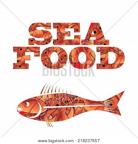Silhouette of Fish. Seafood Text Isolated on White Background