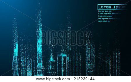 eps10. Night city with glowing light effects. Urban cityscape. Shining glitter particles allocated on neutral background. Space for your message. vector illustration.
