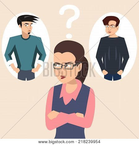 woman choosing boyfriend - funny vector cartoon  illustration  of choice difficulties