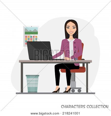 Asian Businesswoman is using a computer, smiling while working in office. Vector illustration