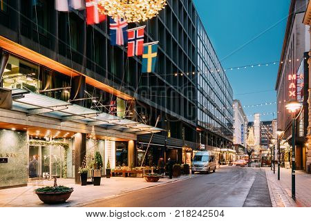 Helsinki, Finland - December 8, 2016: Hotel Kamp On Kluuvikatu Street In Evening Christmas Xmas New Year Illumination. It Is Historic 5 Star - Grand Hotel In The Center Of Helsinki
