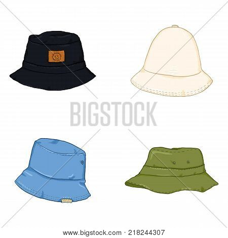 Vector Set of Cartoon Color Bucket Hats. Hip-hop Style Headwear.
