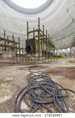 Chernobyl, Ukraine. Inside view from unfinished cooling tower of Chernobyl nuclear power plant block 5