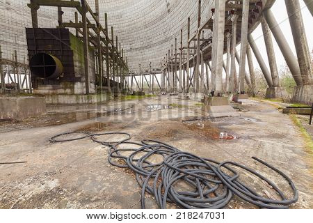 Chernobyl, Ukraine. Inside view from unfinished cooling tower of Chernobyl nuclear power plant block 5