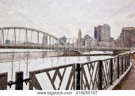 Columbus, Ohio along the Scioto river on a snowy winter day.