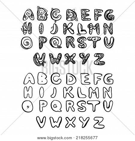 Hand drawn latin font. Doodle style. Flloral vector symbols