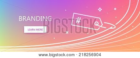 Violet and pink colored vector banner with branding word and tag in art line style.