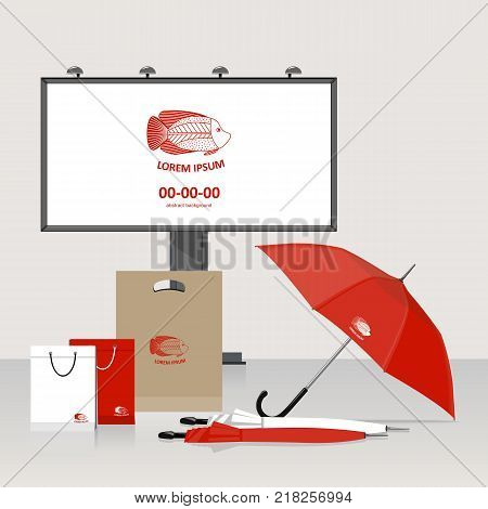 The bright corporate identity with fish in ethnic style - a billboard an umbrella packages. Vector.