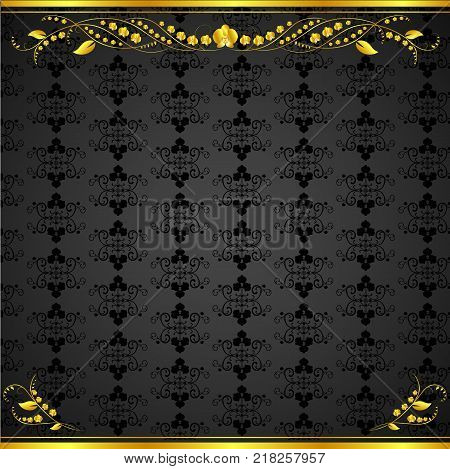 Golden curls with orchids on a black background with velvety texture for business cards