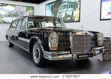 DUBAI UAE - NOVEMBER 18: The restorated by Brabus Mercedes-Benz 600 car is on Dubai Motor Show 2017 on November 18 2017