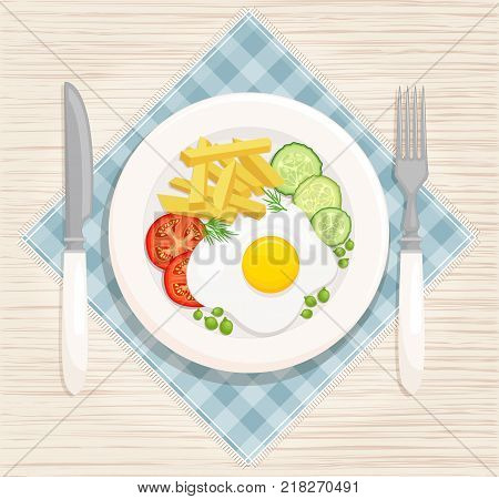 A hearty breakfast of fried eggs and fried potatoes and fresh vegetables. Vector illustration. Eating on a plate is a top view. Served breakfast.