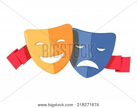 Traditional theater symbol, comedy and tragedy masks with red ribbon. Yellow happy and blue sad mask icon, vector illustration. Elements for design on the theatre theme.