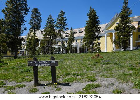YELLOWSTONE NATIONAL PARK, WYOMING - JUNE 25, 2017: The Lake Hotel. The oldest and finest accommodation in the park is celebrating its 125th anniversary.